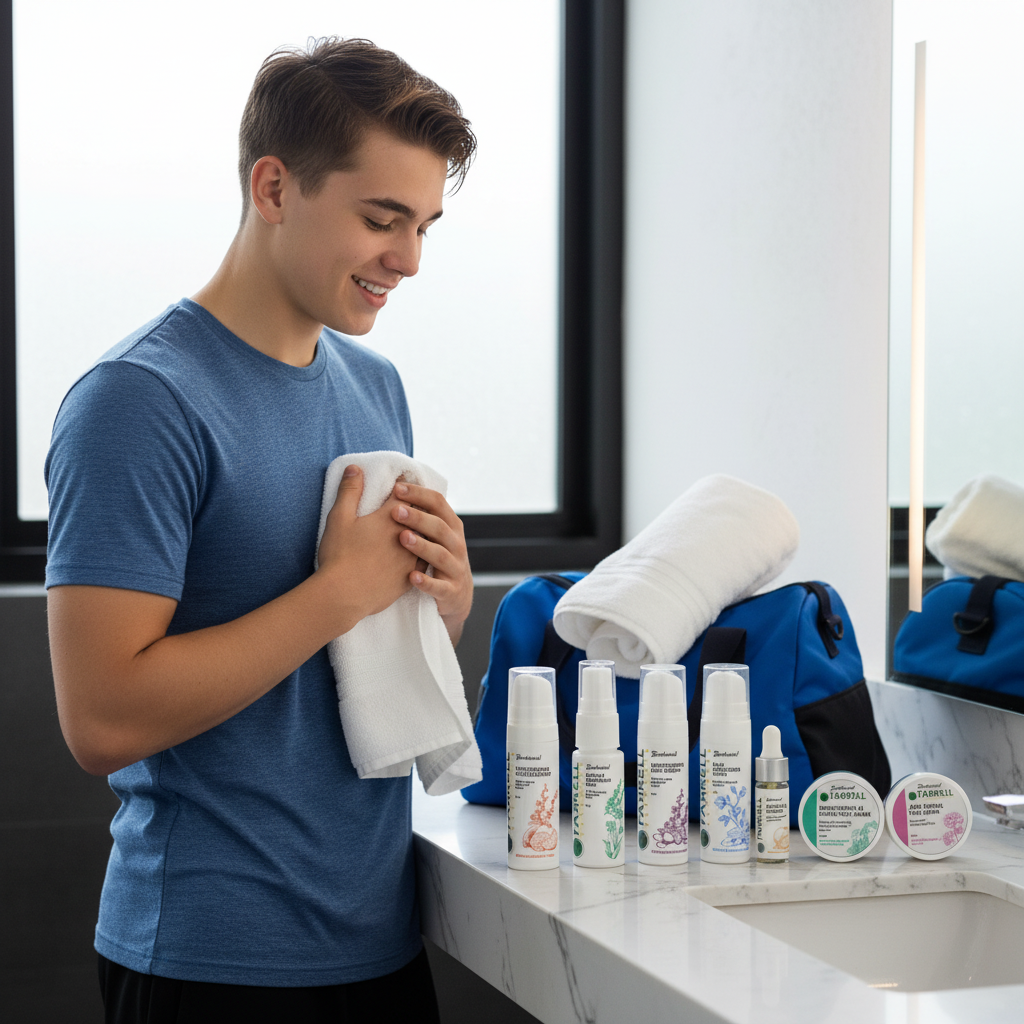 Teen athlete using travel skincare after gym - Post-workout routine