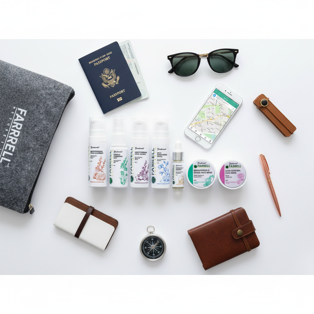 Complete travel skincare collection flat lay with travel essentials